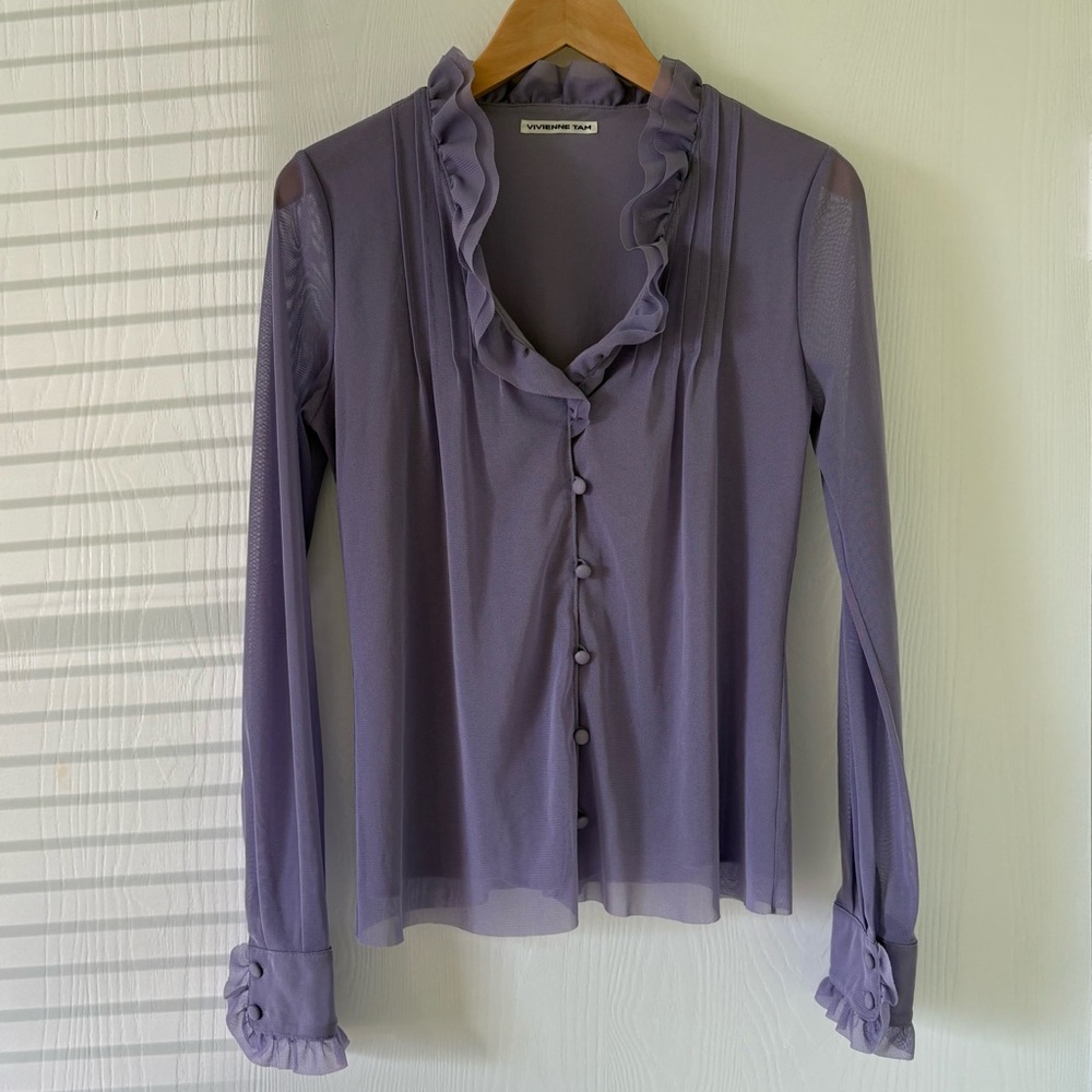 ❗️SOLD❗️Vivienne Tam Purple Mesh Ruffle Blouse Size S